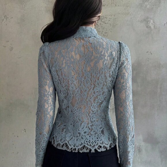 Dusty Blue Casual Women's Button Waist Lace Blouse - Picture 2 of 8